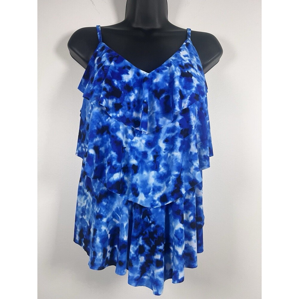 Aqua Green Women's Blue Tie-Dye Tiered Tankini Swim Top Size Large